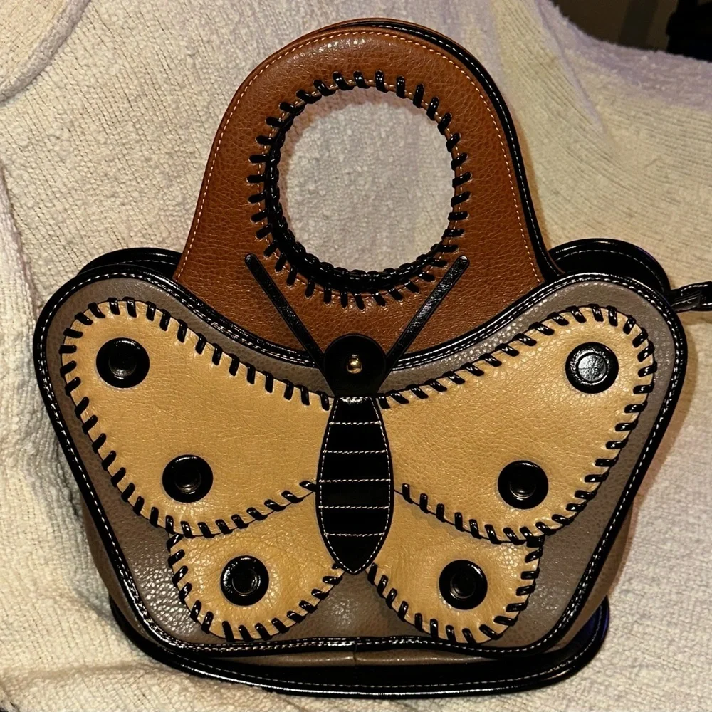 NEW American Bee-Vegan Butterfly Accent Tan and Brown Women's Bag